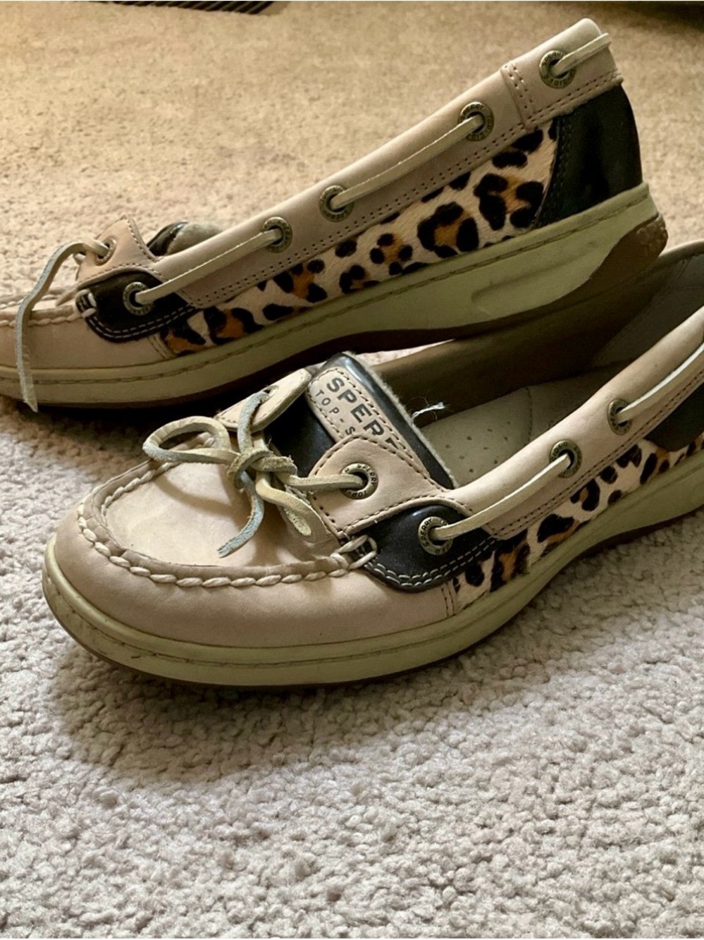 Sperry Beige Leather Boat Shoes with Leopard Panels
